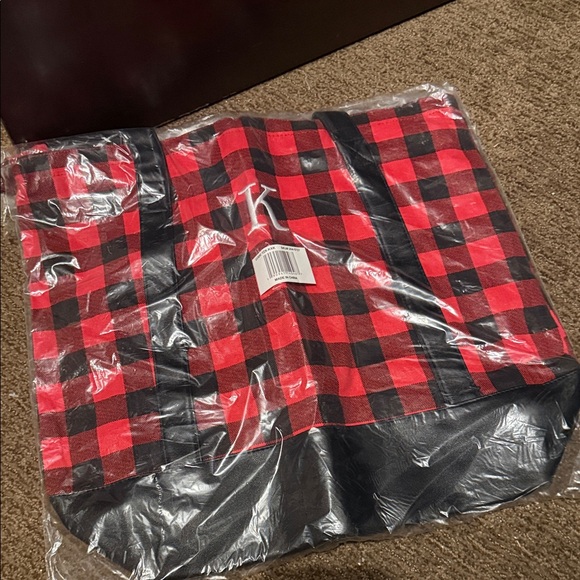 Handbags - NWT Red & Black Buffalo Plaid Tote Bag with Black Trim with “K”